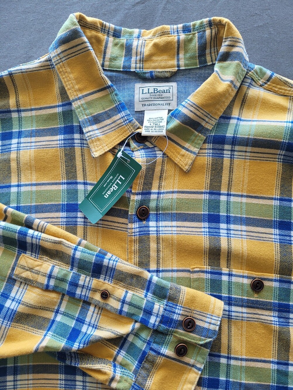 L.L.Bean BeanFlex Flannel Shirt L-Tall Warm Gold Plaid Stretch NWT